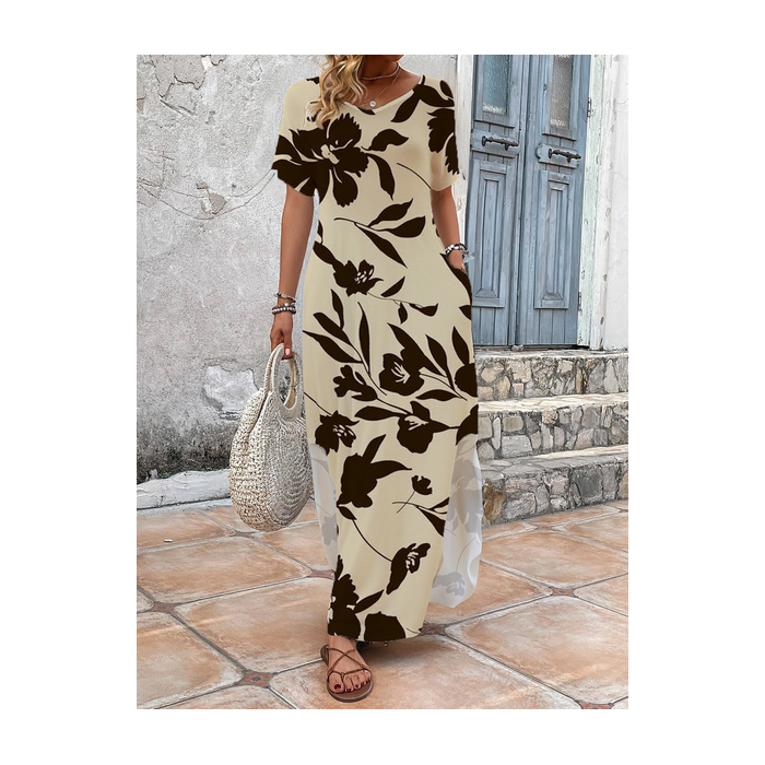 Women's Floral Short Sleeve Summer Printing Dress V Neck Daily Casual Maxi T-Shirt Dress H-Line Dress
