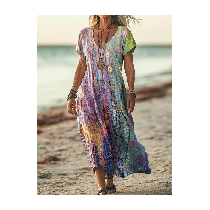 Women's Floral Short Sleeve Summer Printing Dress V Neck Daily Casual Maxi T-Shirt Dress H-Line Dress