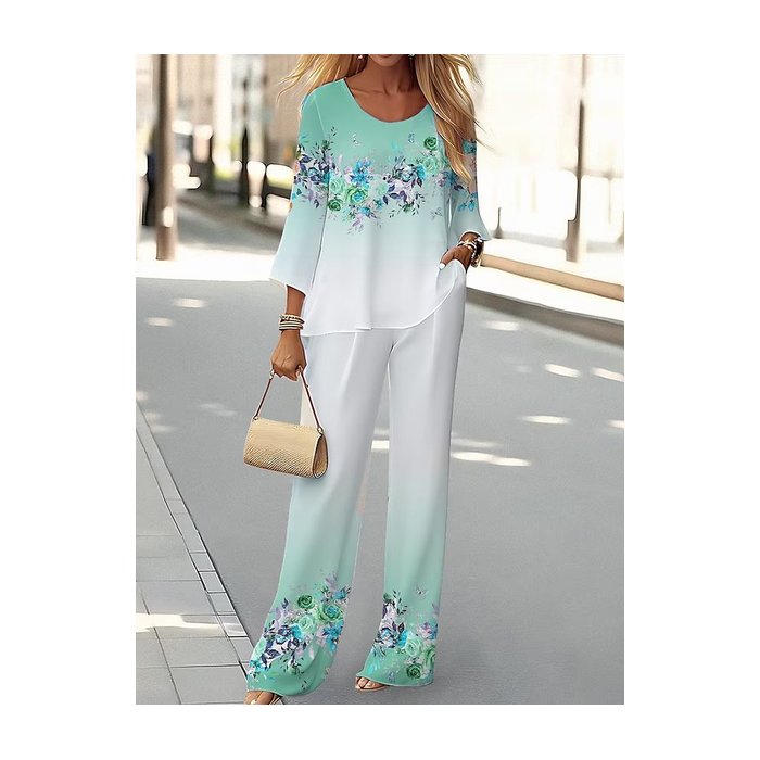 Women's Floral Printing Two-Piece Set Daily Long Sleeve Casual Spring/Fall Top With Pants Matching Set