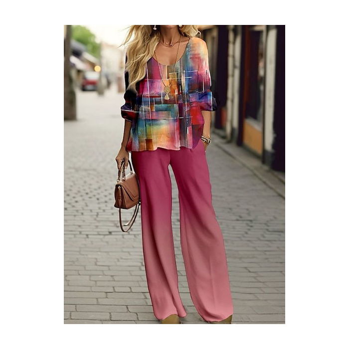 Women's Plaid Printing Two-Piece Set Daily Long Sleeve Casual Spring/Fall Top With Pants Matching Set
