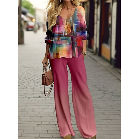 Women's Plaid Printing Two-Piece Set Daily Long Sleeve Casual Spring/Fall Top With Pants Matching Set