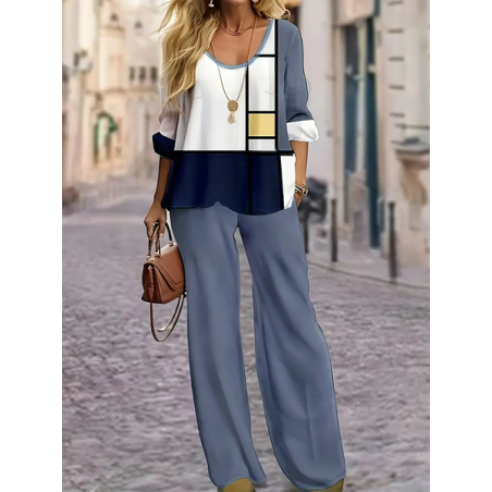 Women's Geometric Printing Two-Piece Set Daily Long Sleeve Casual Spring/Fall Top With Pants Matching Set