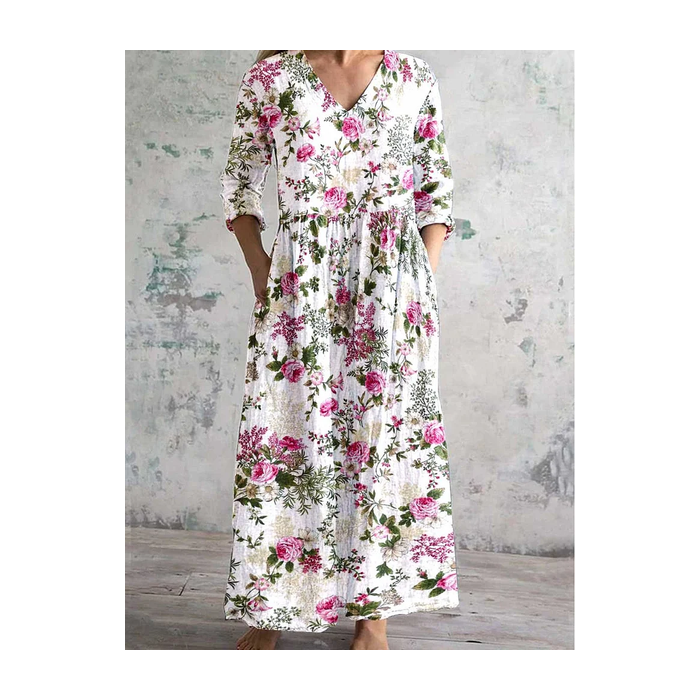Women's Floral Long Sleeve Spring/Fall Printing Dress V Neck Daily Casual Maxi T-Shirt Dress A-Line Dress
