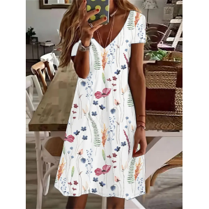 Women's Floral Short Sleeve Summer Printing Dress V Neck Daily Casual Knee Length T-Shirt Dress H-Line Dress