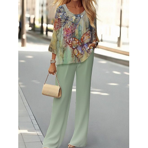 Women's Floral Printing Two-Piece Set Daily Long Sleeve Casual Spring/Fall Top With Pants Matching Set