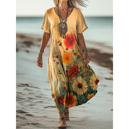 Women's Floral Short Sleeve Summer Printing Dress V Neck Daily Casual Maxi T-Shirt Dress H-Line Dress