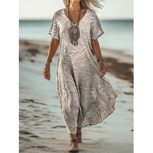 Women's Floral Short Sleeve Summer Printing Dress V Neck Daily Casual Maxi T-Shirt Dress H-Line Dress