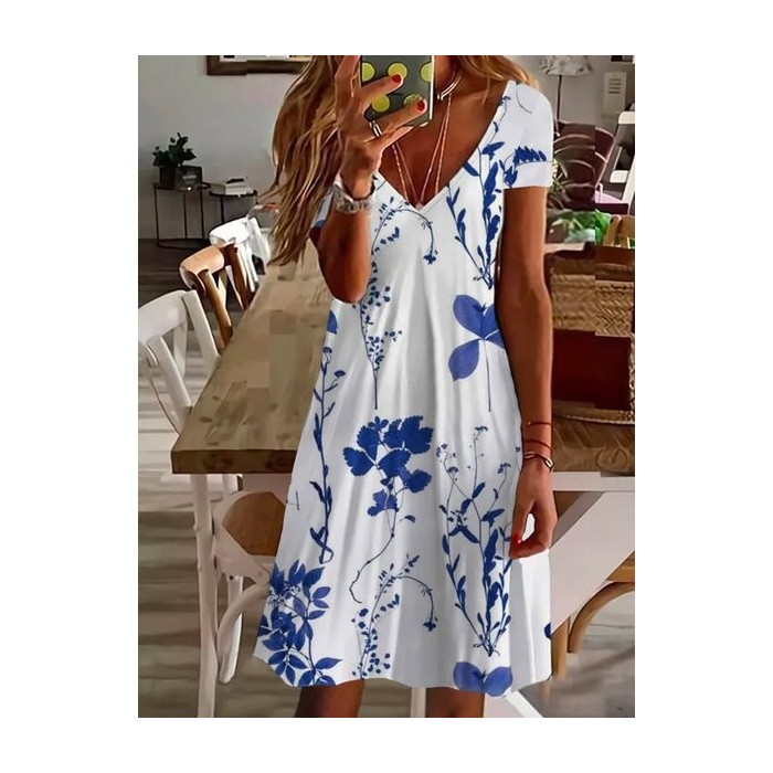 Women's Floral Short Sleeve Summer Printing Dress V Neck Daily Casual Knee Length T-Shirt Dress H-Line Dress