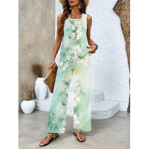 Women's Floral Printing Two-Piece Set Daily Sleeveless Casual Summer Top With Pants Matching Set