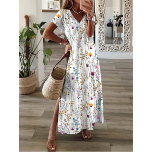 Women's Floral Short Sleeve Summer Printing Dress V Neck Daily Casual Maxi X-Line Dress