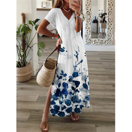 Women's Floral Short Sleeve Summer Printing Dress V Neck Daily Casual Maxi X-Line Dress