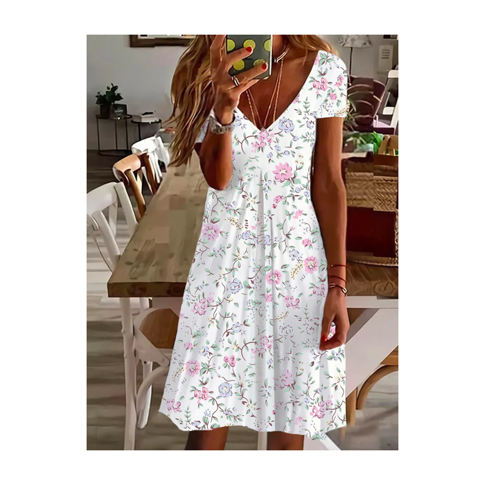 Women's Floral Short Sleeve Summer Printing Dress V Neck Daily Casual Knee Length T-Shirt Dress H-Line Dress