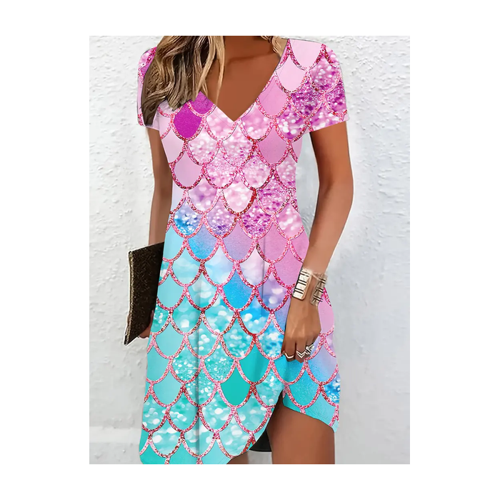 Women's Abstract Short Sleeve Summer Printing Dress V Neck Daily Casual Knee Length T-Shirt Dress H-Line Dress