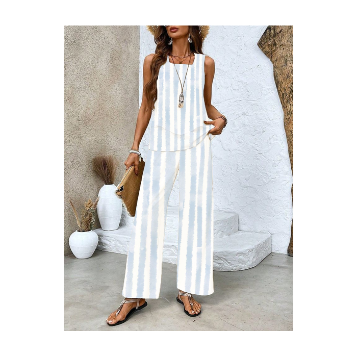Women's Striped Printing Two-Piece Set Daily Sleeveless Casual Summer Top With Pants Matching Set