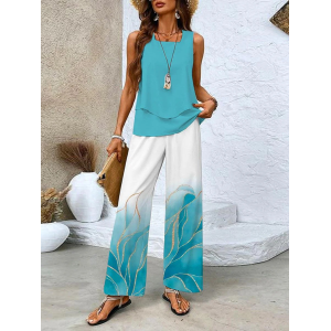 Women's Abstract Printing Two-Piece Set Daily Sleeveless Casual Summer Top With Pants Matching Set