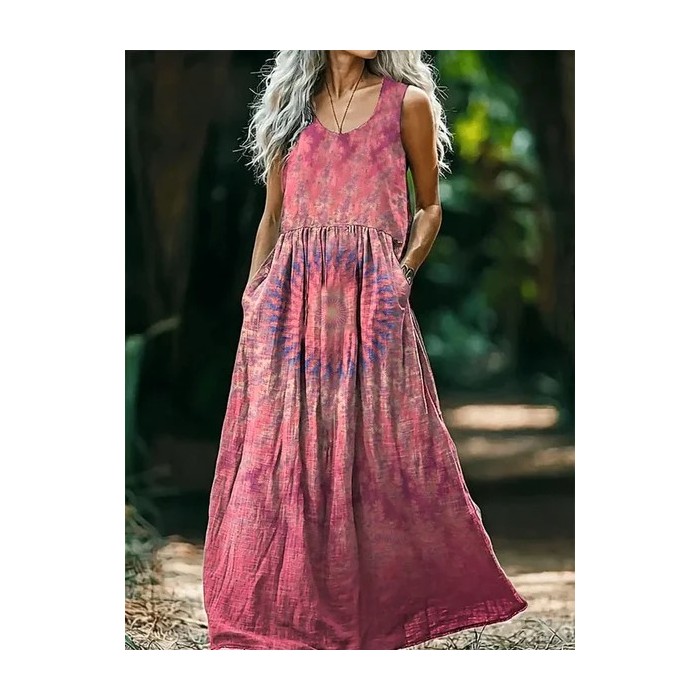 Women's Ombre Sleeveless Summer Printing Dress Crew Neck Daily Casual Maxi Tank H-Line Dress