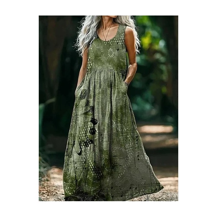 Women's Floral Sleeveless Summer Printing Dress Crew Neck Daily Casual Maxi Tank H-Line Dress