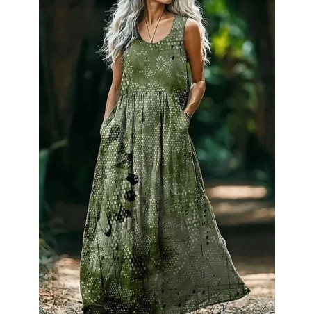 Women's Floral Sleeveless Summer Printing Dress Crew Neck Daily Casual Maxi Tank H-Line Dress
