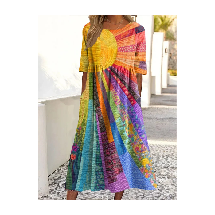 Women Hippie Short Sleeve Summer Printing Dress Crew Neck Daily Casual Maxi Shift Dress H-Line Dress