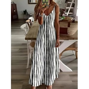 Women Striped Sleeveless Summer Printing Dress V Neck Daily Casual Maxi Slip Dress X-Line Dress