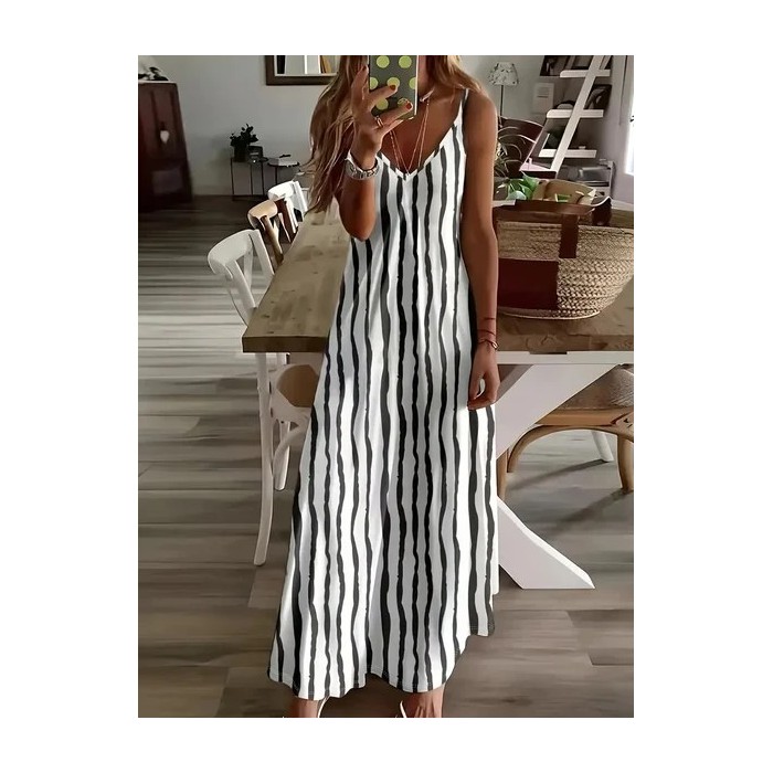 Women Striped Sleeveless Summer Printing Dress V Neck Daily Casual Maxi Slip Dress X-Line Dress