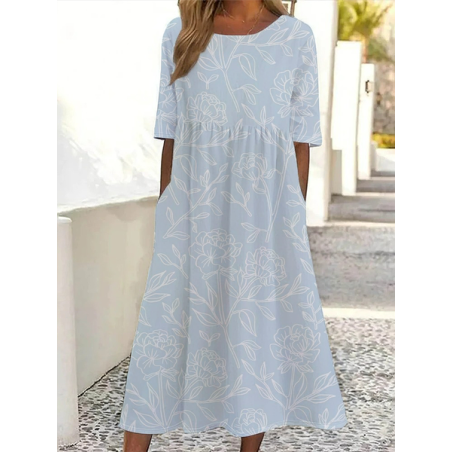 Women Floral Short Sleeve Summer Printing Dress Crew Neck Daily Casual Maxi Shift Dress H-Line Dress