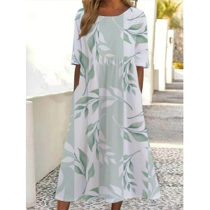 Women Floral Short Sleeve Summer Printing Dress Crew Neck Daily Casual Maxi Shift Dress H-Line Dress