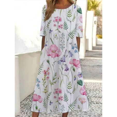 Women Floral Short Sleeve Summer Printing Dress Crew Neck Daily Casual Maxi Shift Dress H-Line Dress