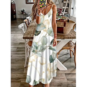 Women Floral Sleeveless Summer Printing Dress V Neck Daily Casual Maxi Slip Dress X-Line Dress