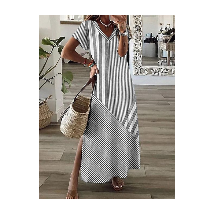 Women Striped Short Sleeve Summer Printing Dress V Neck Daily Casual Maxi X-Line Dress