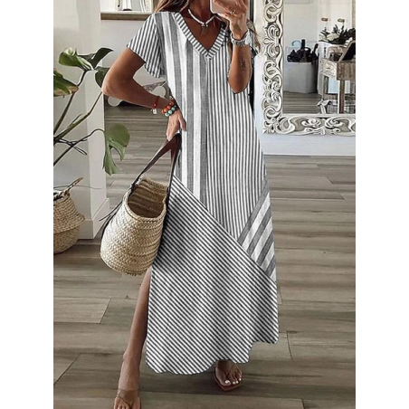 Women Striped Short Sleeve Summer Printing Dress V Neck Daily Casual Maxi X-Line Dress