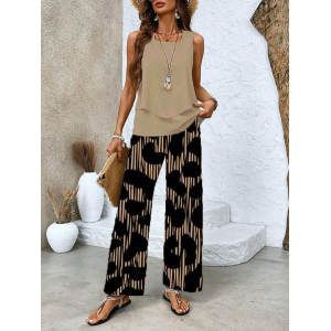 Women Abstract Printing Two-Piece Set Daily Sleeveless Casual Summer Top With Pants Matching Set