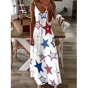 Women Star Sleeveless Summer Dress V Neck Daily Casual Maxi Slip Dress X-Line Dress
