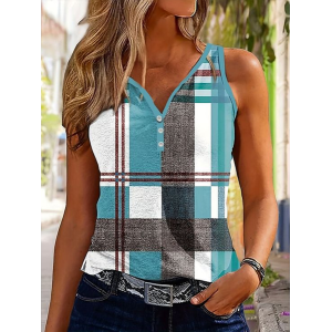 Women Sleeveless Tank Top Camisole Summer Plaid Printing V Neck Daily Casual Top