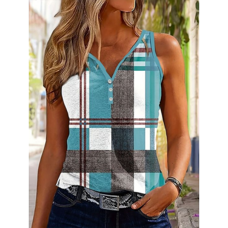 Women Sleeveless Tank Top Camisole Summer Plaid Printing V Neck Daily Casual Top
