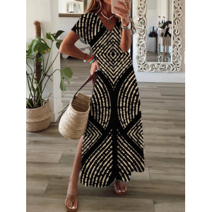 Women Geometric Short Sleeve Summer Printing Dress V Neck Daily Casual Maxi X-Line Dress