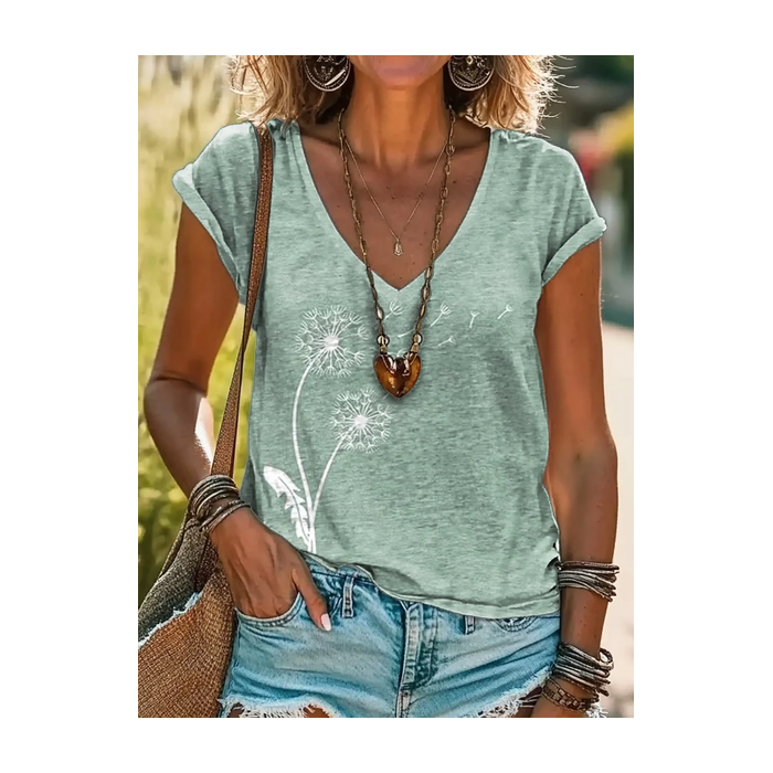 Women Floral Short Sleeve Tee T-shirt V Neck Printing Casual Summer Graphic Tee Top