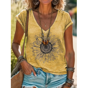 Women Floral Short Sleeve Tee T-shirt V Neck Printing Casual Summer Graphic Tee Top