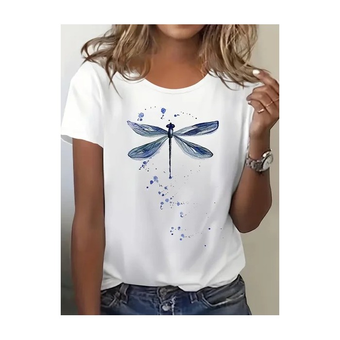 Women Dragonfly Short Sleeve Tee T-shirt Crew Neck Printing Casual Summer Graphic Tee Top