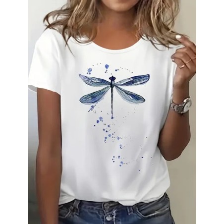 Women Dragonfly Short Sleeve Tee T-shirt Crew Neck Printing Casual Summer Graphic Tee Top