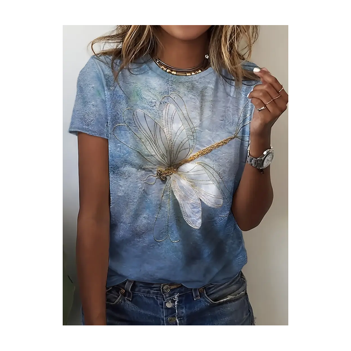 Women Dragonfly Short Sleeve Tee T-shirt Crew Neck Printing Casual Summer Graphic Tee Top