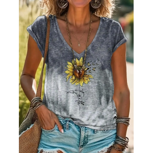 Women Floral Short Sleeve Tee T-shirt V Neck Printing Casual Summer Graphic Tee Top