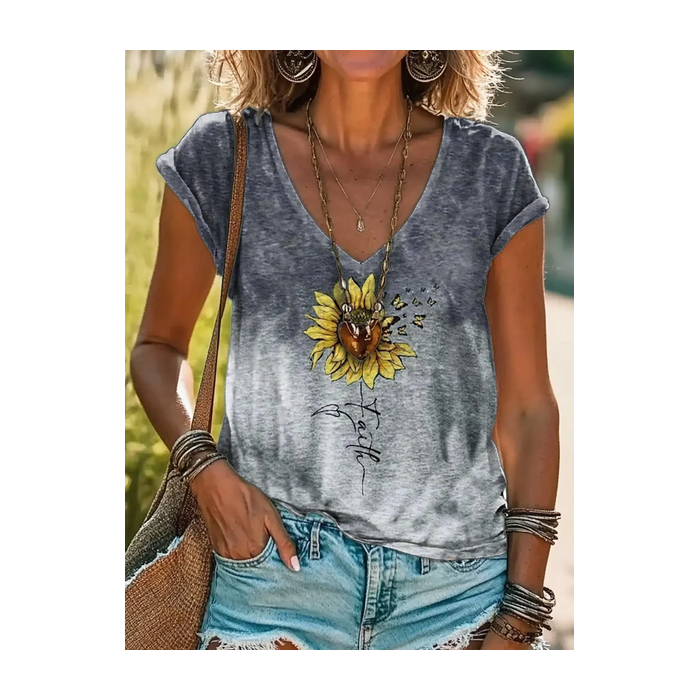 Women Floral Short Sleeve Tee T-shirt V Neck Printing Casual Summer Graphic Tee Top