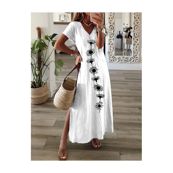 Women Floral Short Sleeve Summer Printing Dress V Neck Daily Casual Maxi X-Line Dress