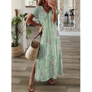 Women Floral Short Sleeve Summer Printing Dress V Neck Daily Casual Maxi X-Line Dress
