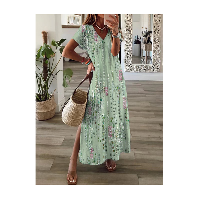 Women Floral Short Sleeve Summer Printing Dress V Neck Daily Casual Maxi X-Line Dress