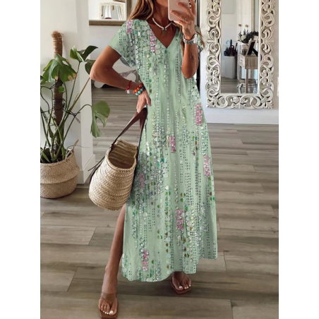 Women Floral Short Sleeve Summer Printing Dress V Neck Daily Casual Maxi X-Line Dress