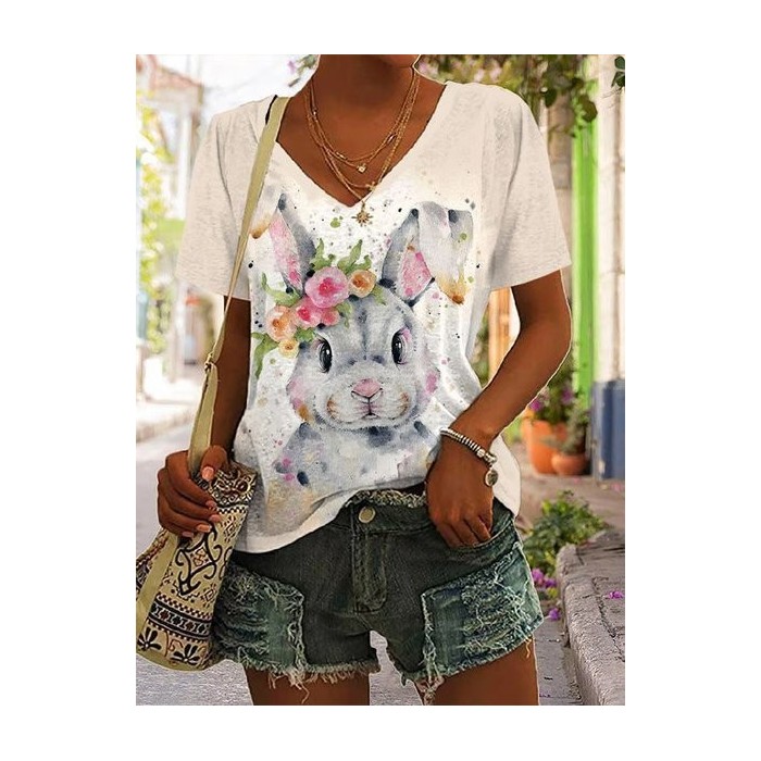 Women's Easter (rabbit) Short Sleeve Tee T-shirt V Neck Printing Casual Summer Graphic Tee Top
