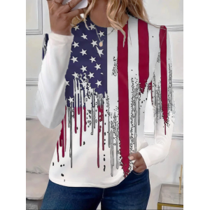 Women Independence Day (Flag) Long Sleeve Tee T-shirt Crew Neck Printing Casual Spring/Fall Graphic Tee Top