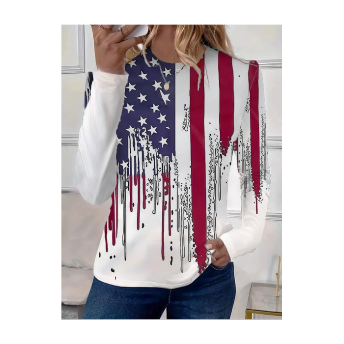 Women Independence Day (Flag) Long Sleeve Tee T-shirt Crew Neck Printing Casual Spring/Fall Graphic Tee Top